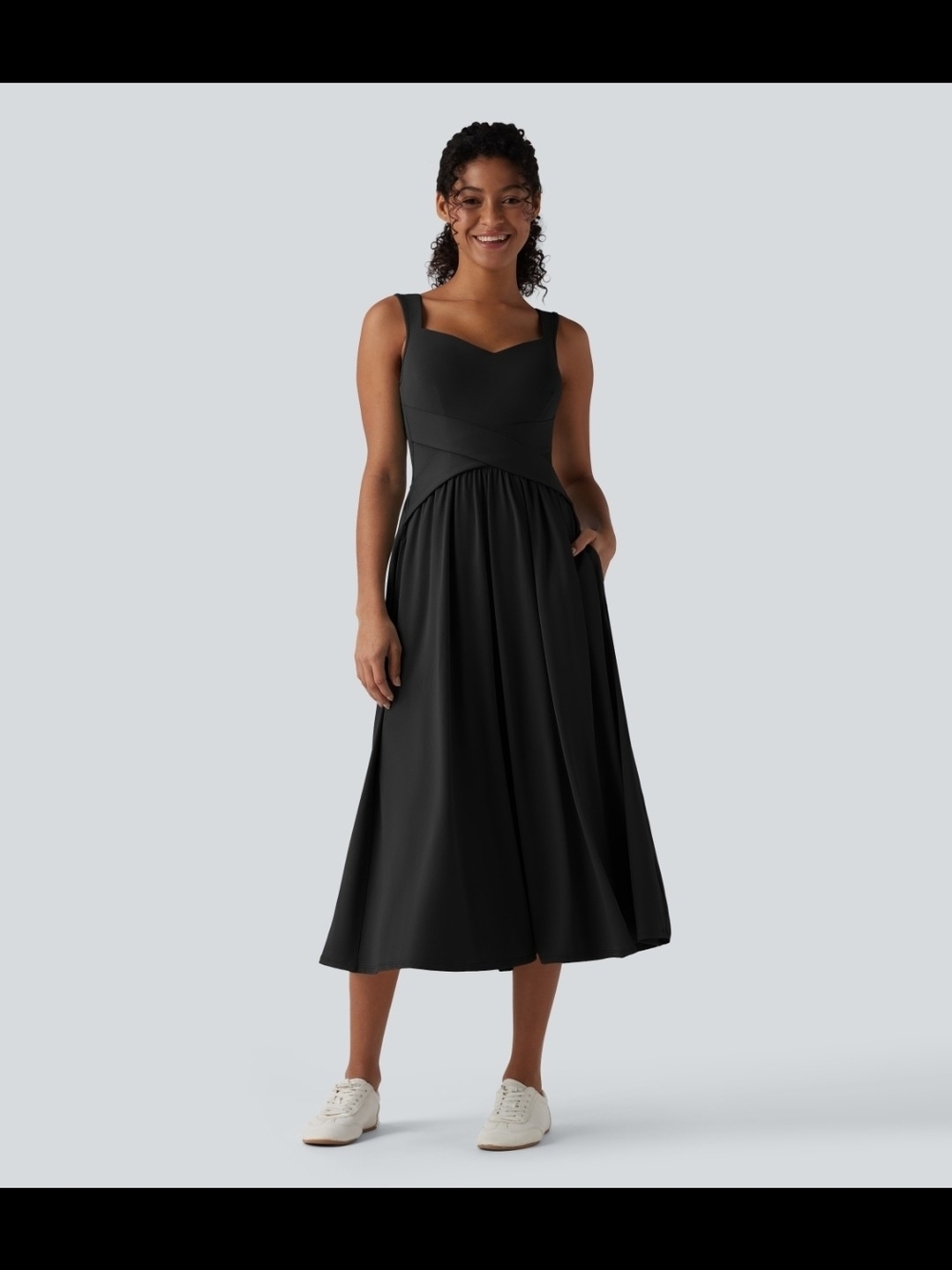 HALARA Black Sleeveless Midi Dress with Sweetheart Neckline